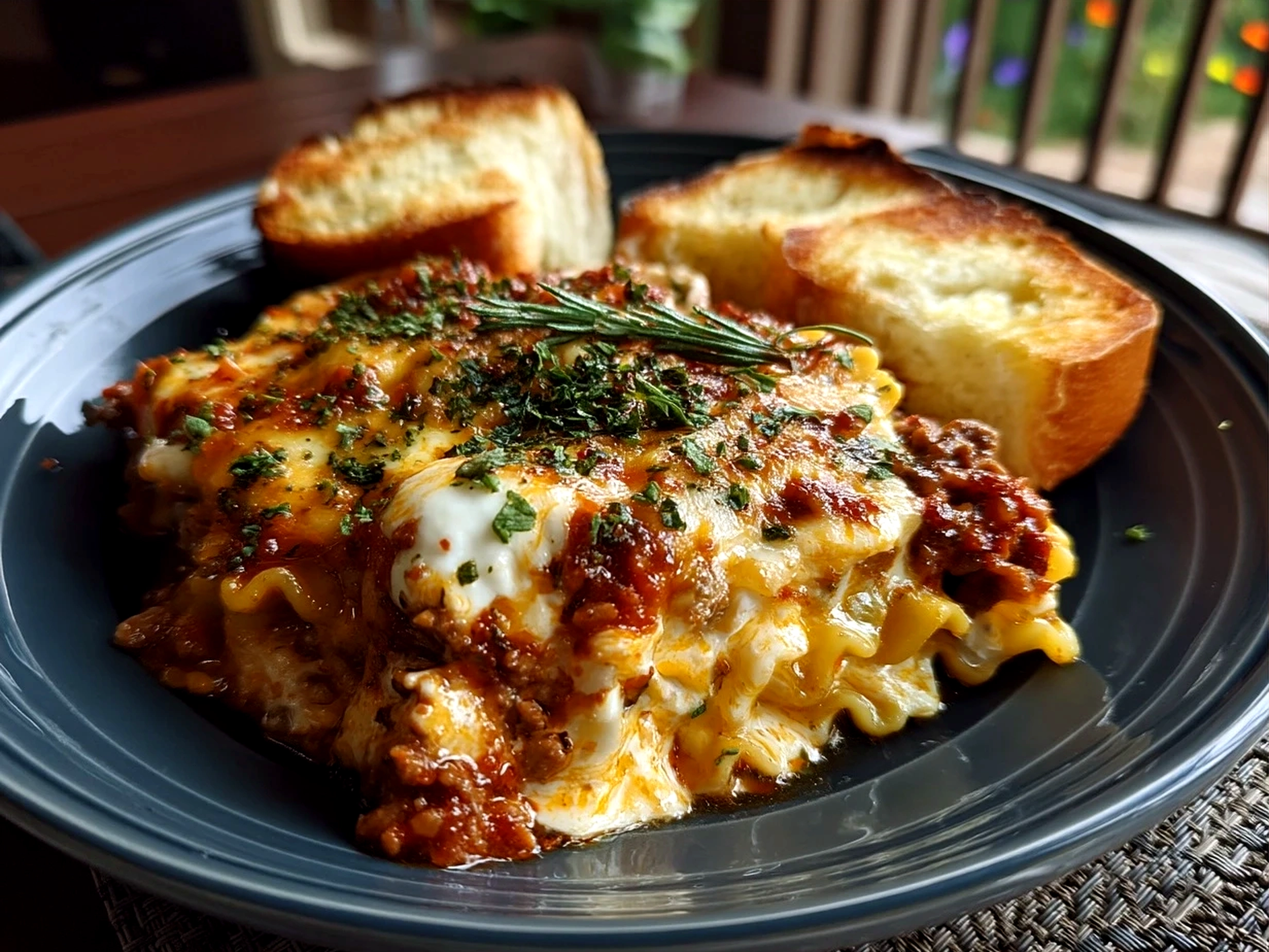A bowl of creamy lasagna soup garnished with fresh basil served with bread