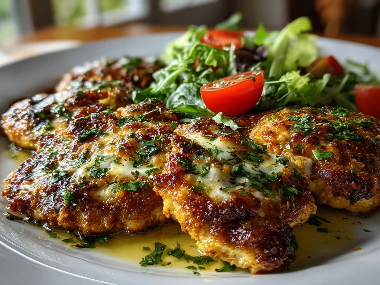 Plated Lemon Chicken Romano served with garlic mashed potatoes and steamed broccoli