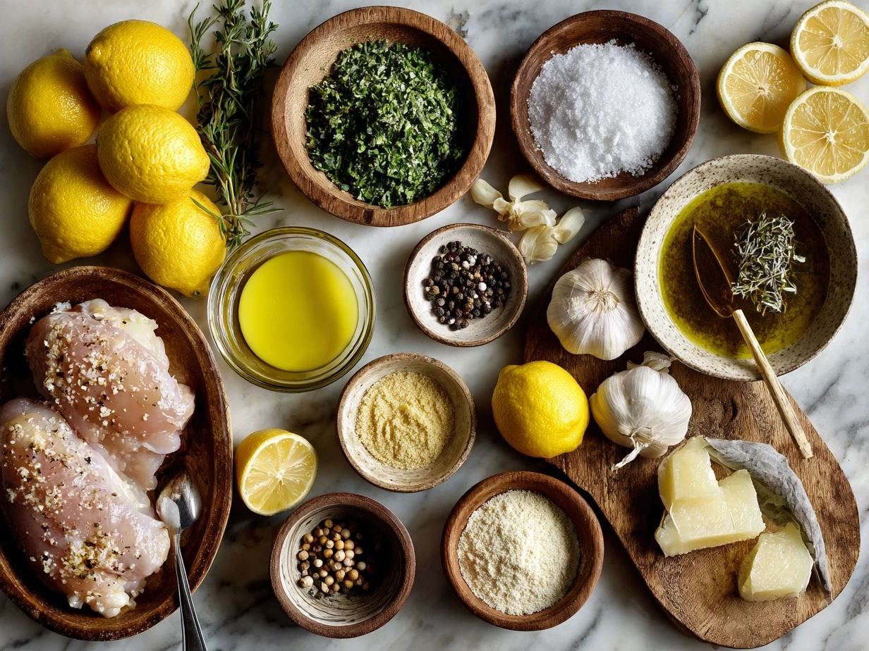 Ingredients for Lemon Chicken Romano including chicken breasts, flour, garlic powder, Romano cheese, lemon juice, olive oil, and fresh parsley