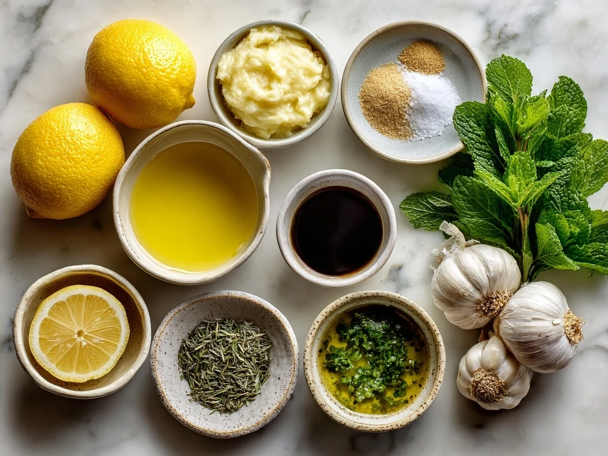 Ingredients for lemon vinaigrette: lemon, olive oil, dijon mustard, garlic, honey, salt, pepper, and parsley