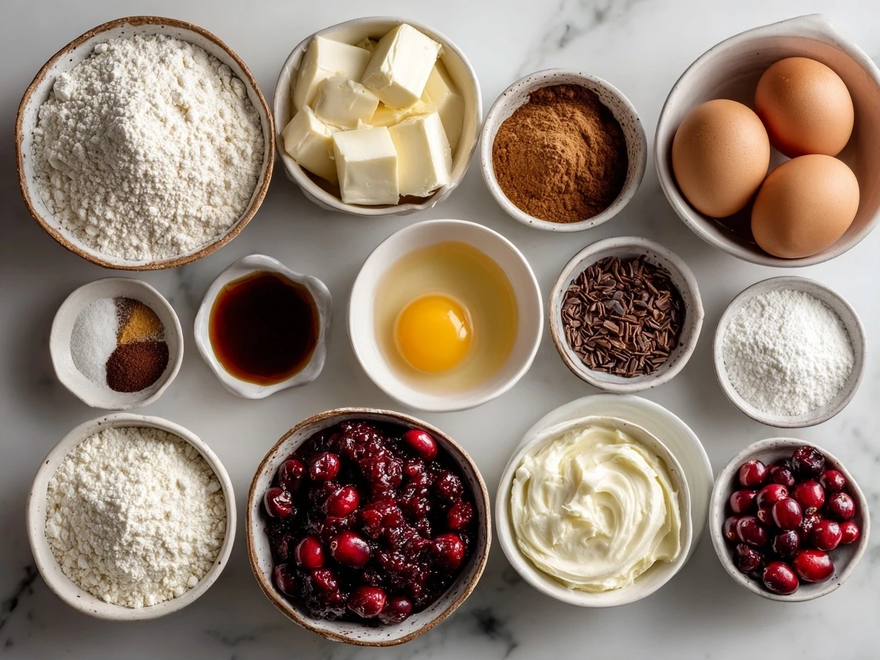 Ingredients for Luxe Cranberry Tiramisu including ladyfingers, cranberry sauce, mascarpone cheese and more.