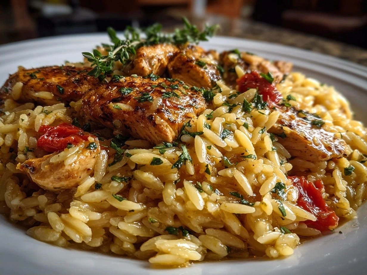 A bowl of Mediterranean Chicken and Orzo garnished with feta and fresh herbs, representing the final comforting dinner dish