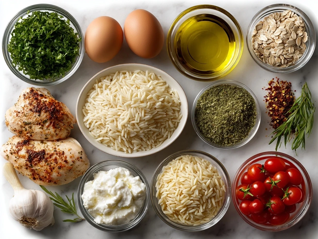 Ingredients for Mediterranean Chicken and Orzo laid out on a kitchen surface showing fresh vegetables, chicken, orzo, and seasonings