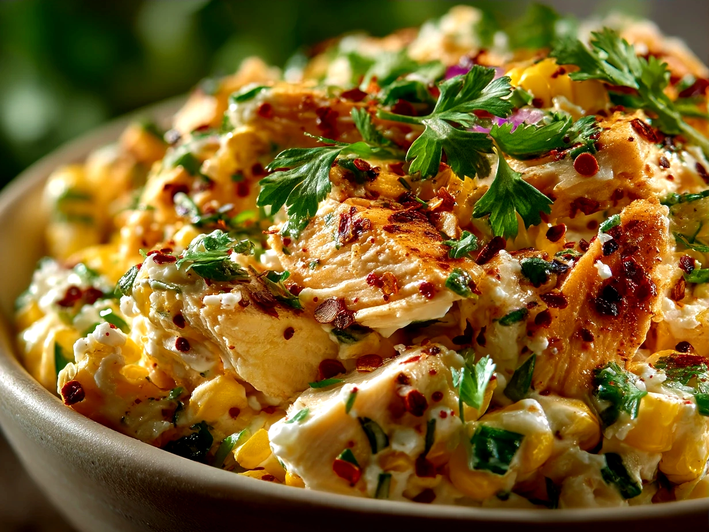 Bowl of Mexican Street Corn Chicken Salad served with tortilla chips
