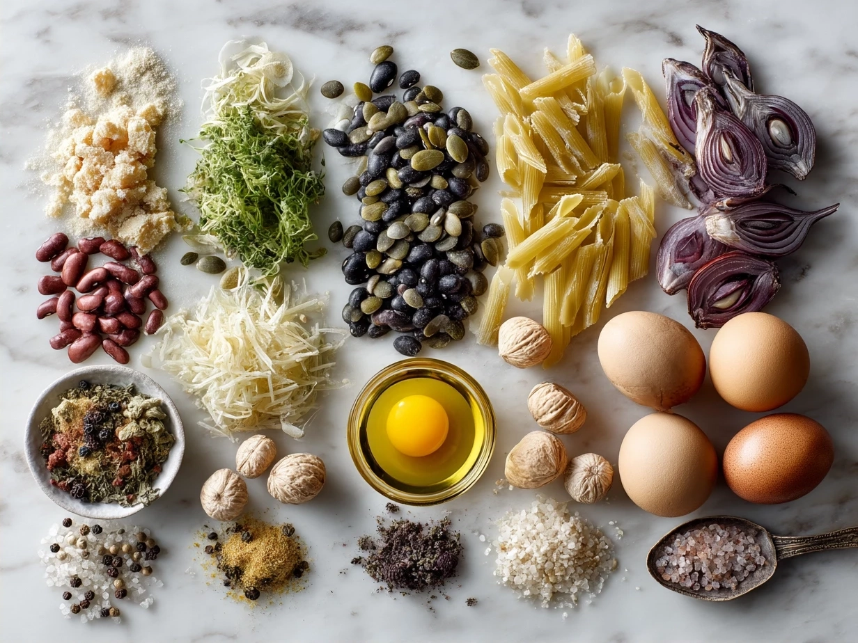 Ingredients for Minestrone Soup laid out on a table including vegetables, beans, pasta and broth
