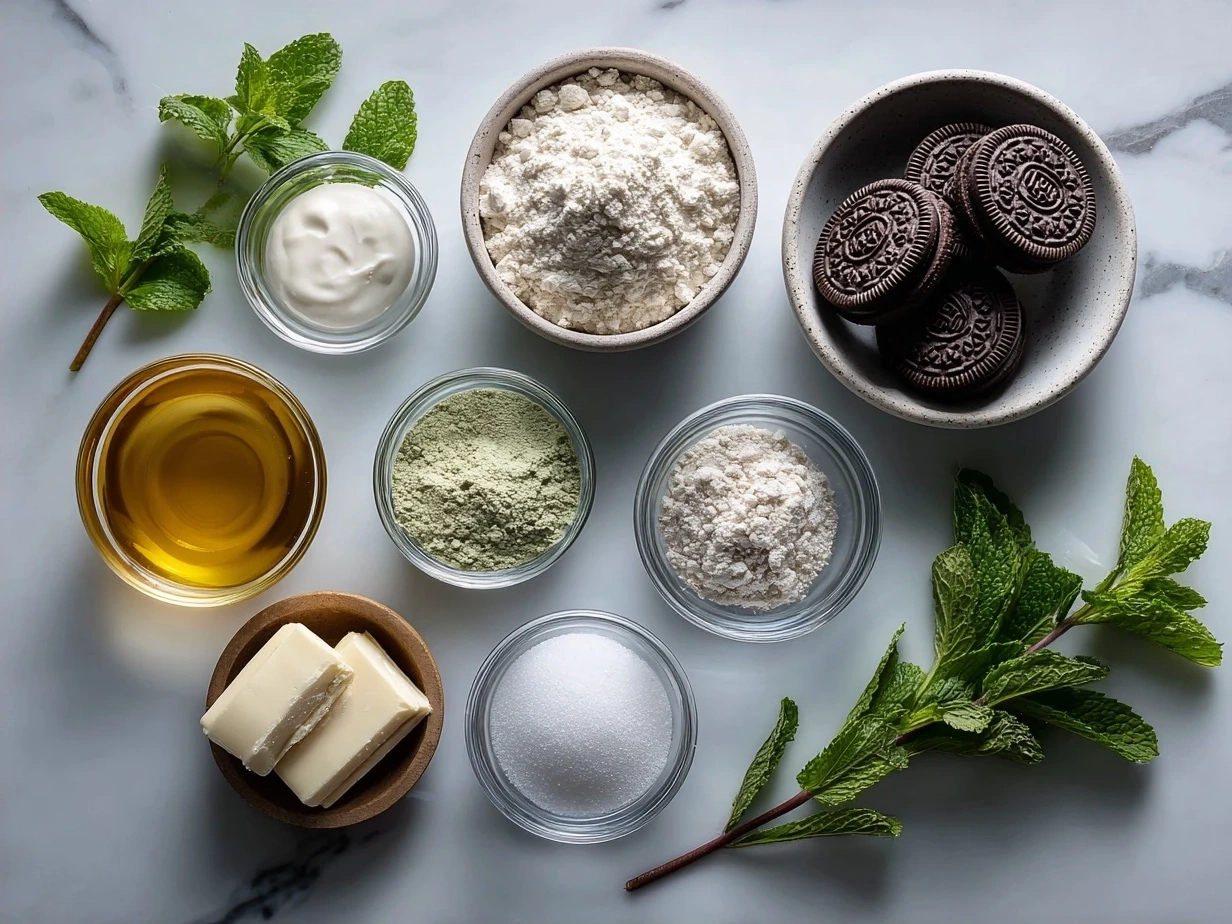 Ingredients for Mint Oreo Brownies including butter, sugar, eggs, flour, cocoa powder, Oreos, and chocolate chips