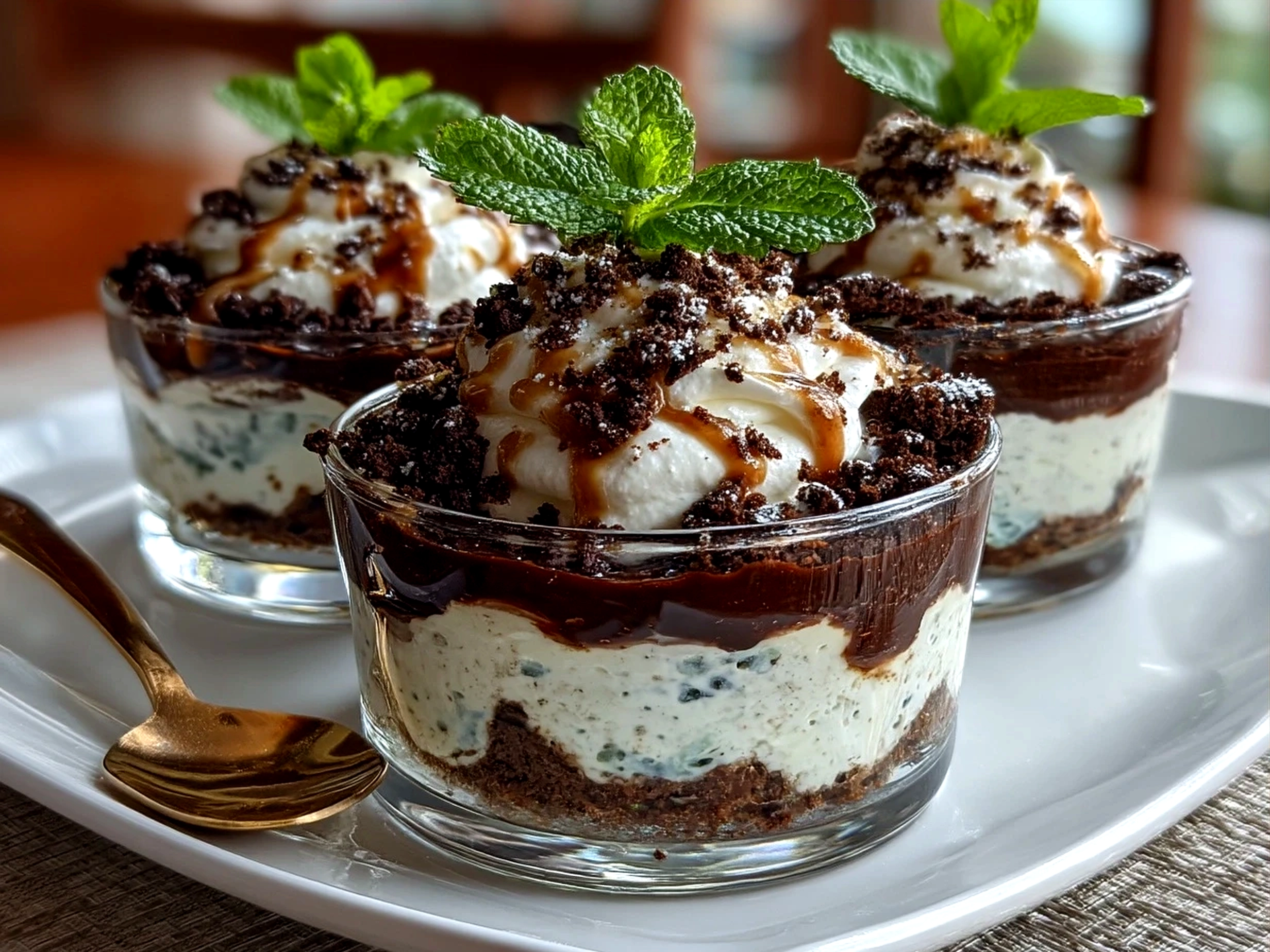 Mint Oreo Parfaits served in clear dessert cups showing layered textures
