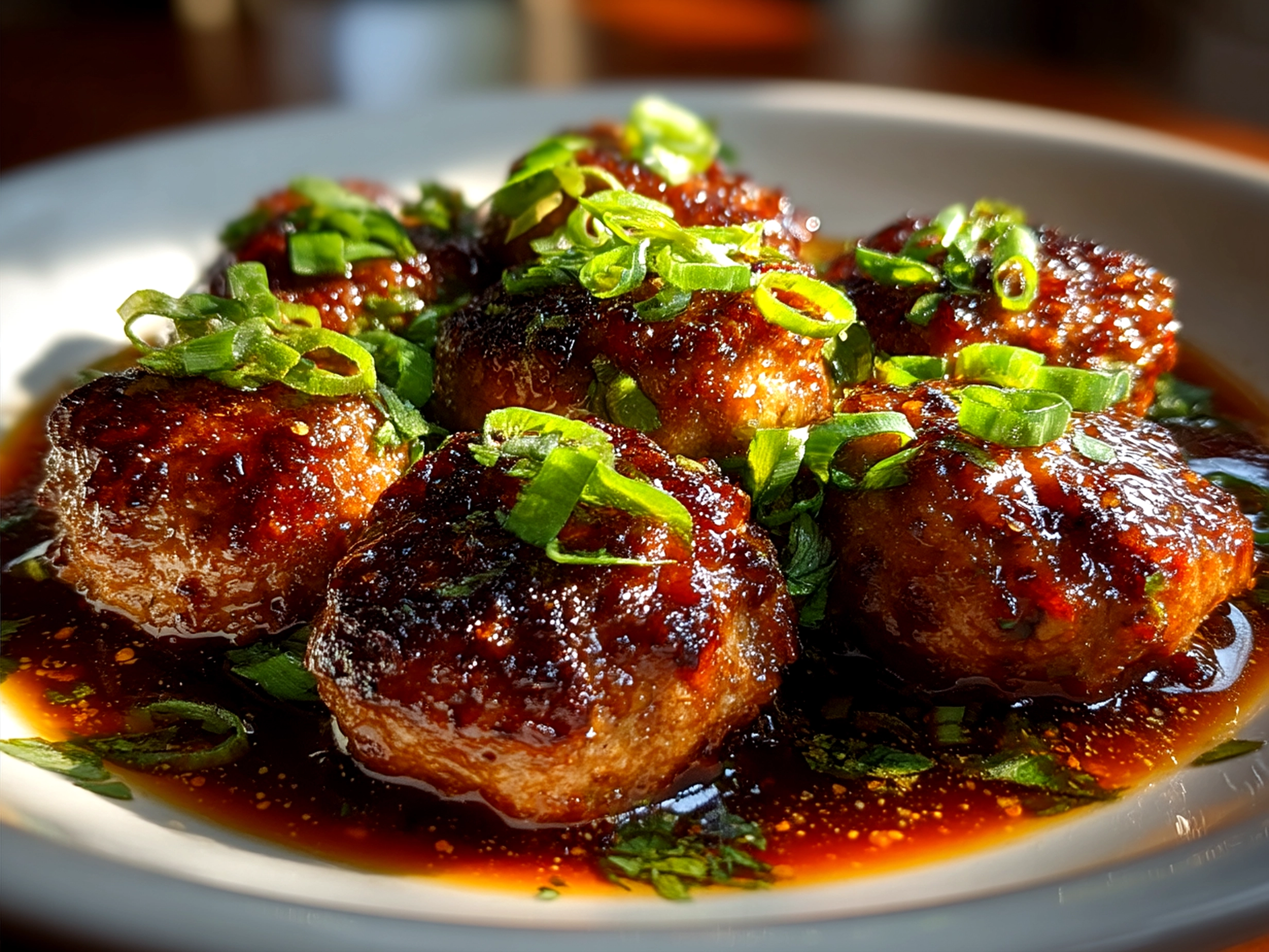 Serving of Mongolian Meatballs garnished with green onions and served with rice and vegetables