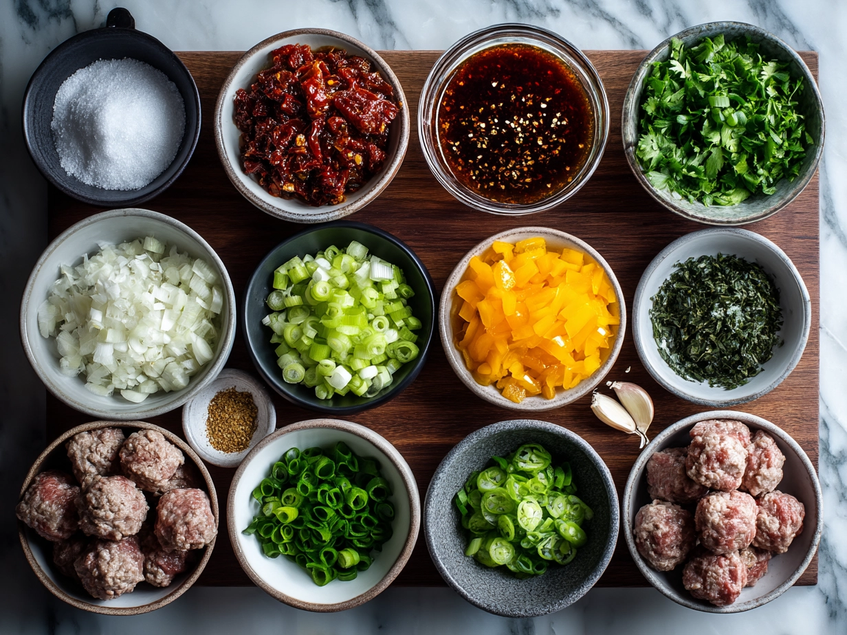 Ingredients for Mongolian Meatballs including ground beef, soy sauce, ginger, garlic, green onions and spices