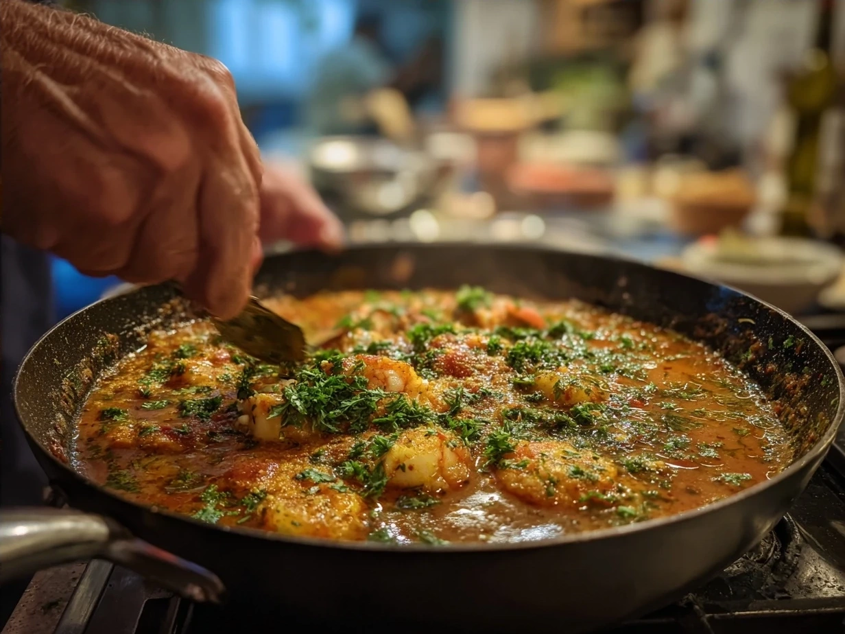 Serving bowl of Moqueca Fish Stew with fresh cilantro and lime wedge