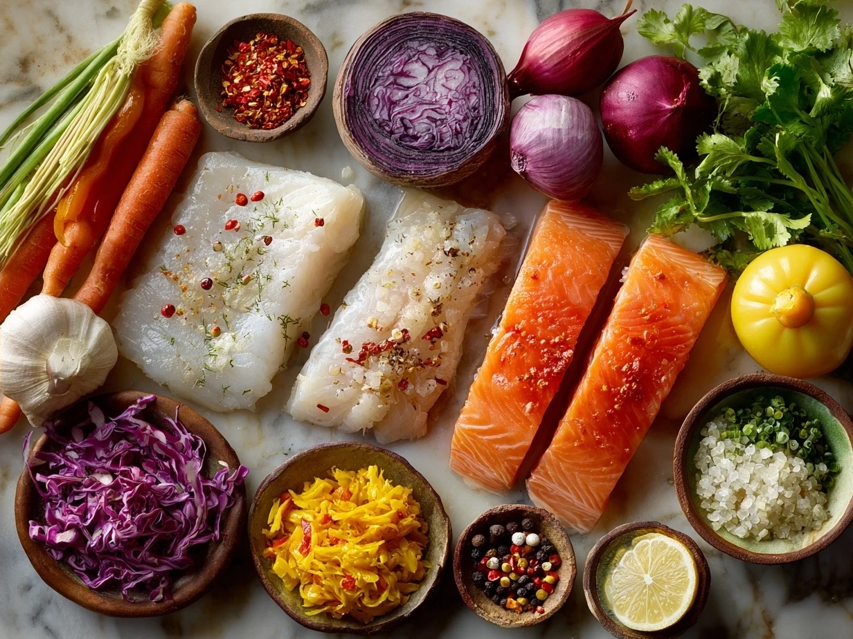Ingredients for Moqueca Fish Stew laid out on a kitchen counter