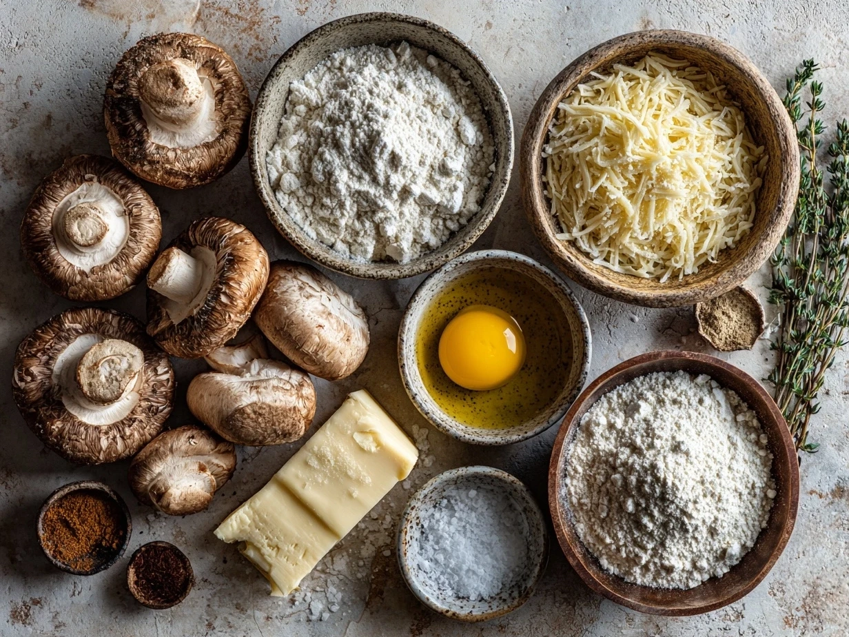 Ingredients for Mushroom Gruyere Pasta including mushrooms, cheese, pasta, garlic, and milk