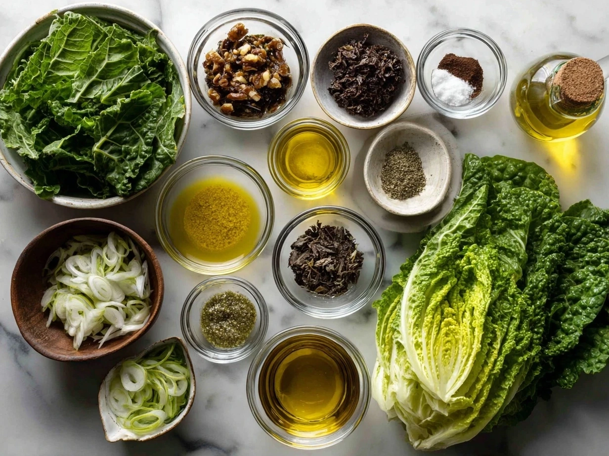 Ingredients for Mustard Greens Recipe laid out on a kitchen counter
