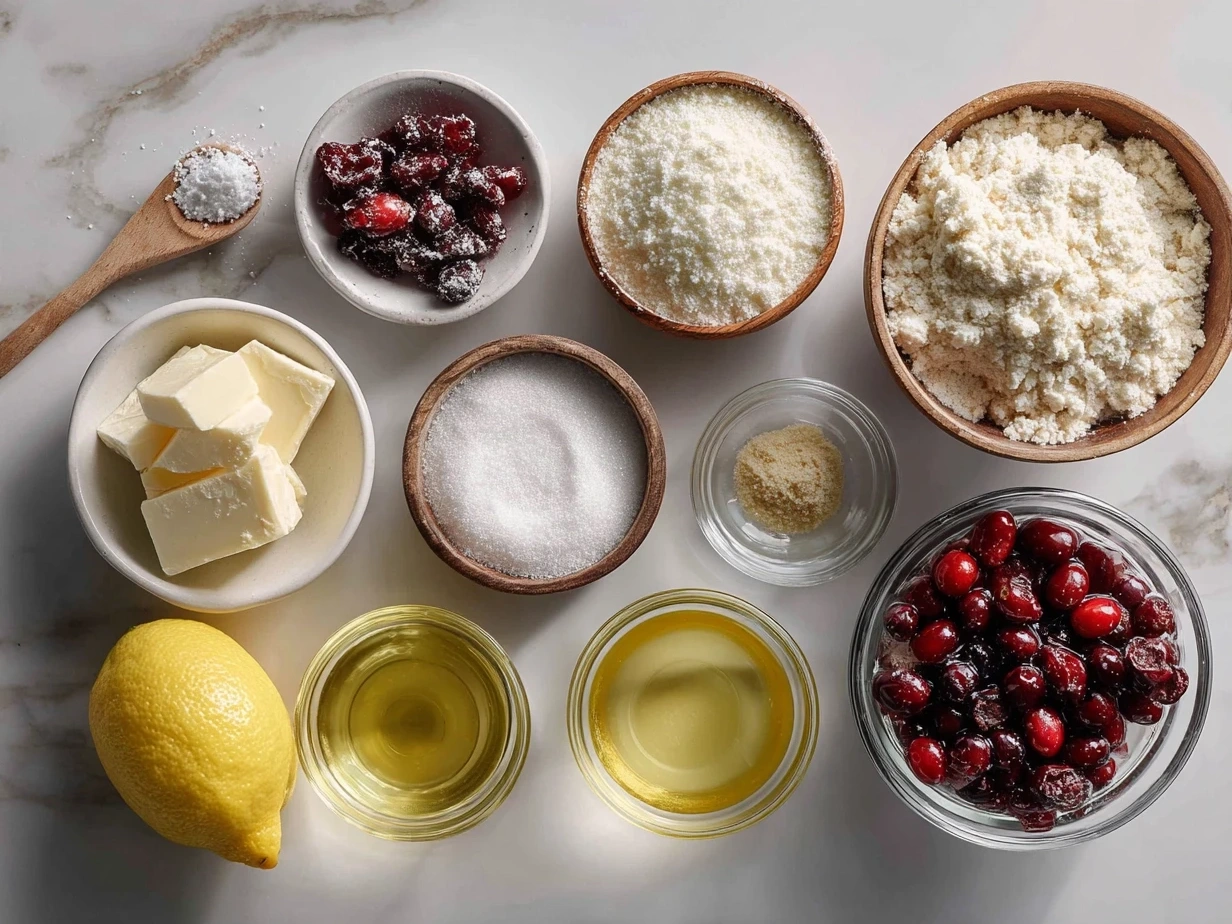 Ingredients for Cranberry Lemon Bars including flour, butter, sugar, eggs, lemons, and cranberries