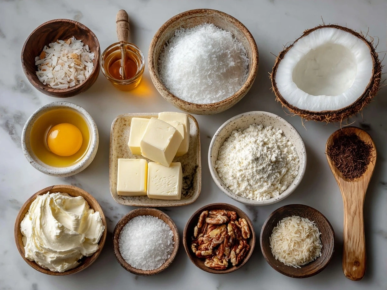 Ingredients for No-Bake Coconut Balls with Cream Cheese including cream cheese, shredded coconut, vanilla extract, powdered sugar and optional nuts