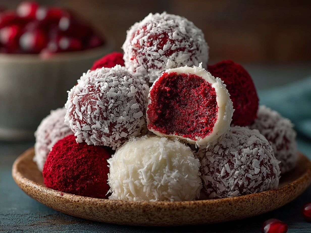 Final presentation of No-Bake Red Velvet Snowball Truffles on a festive plate ready to serve