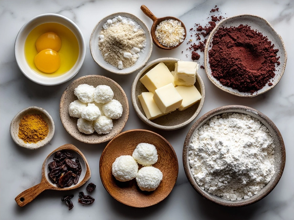 Ingredients for No-Bake Red Velvet Snowball Truffles including cream cheese, powdered sugar, cake crumbs, vanilla, white chocolate chips