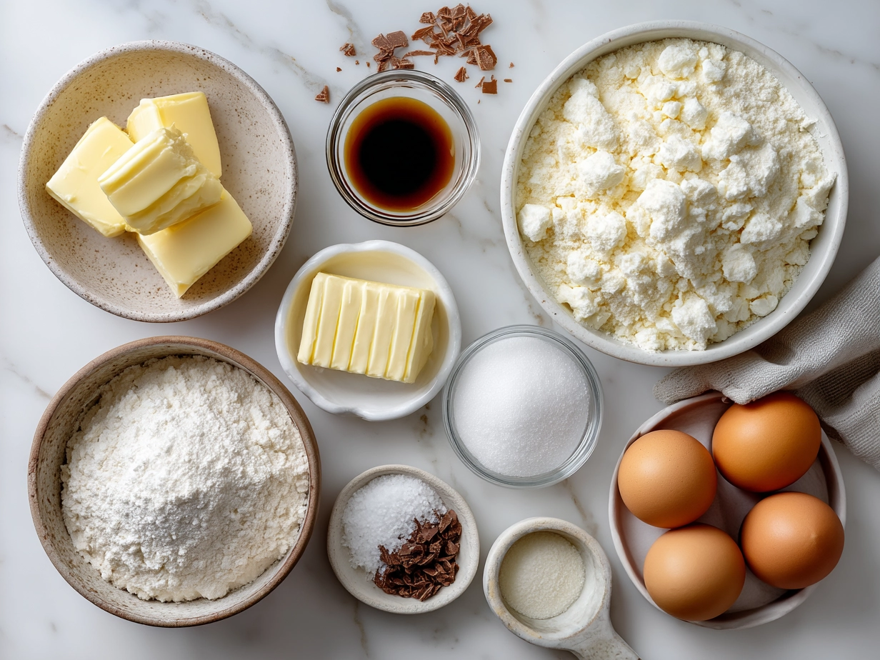 Ingredients for No Bake Classic Woolworth Cheesecake including biscuits, cream cheese, cream, sugar, vanilla, gelatine and butter