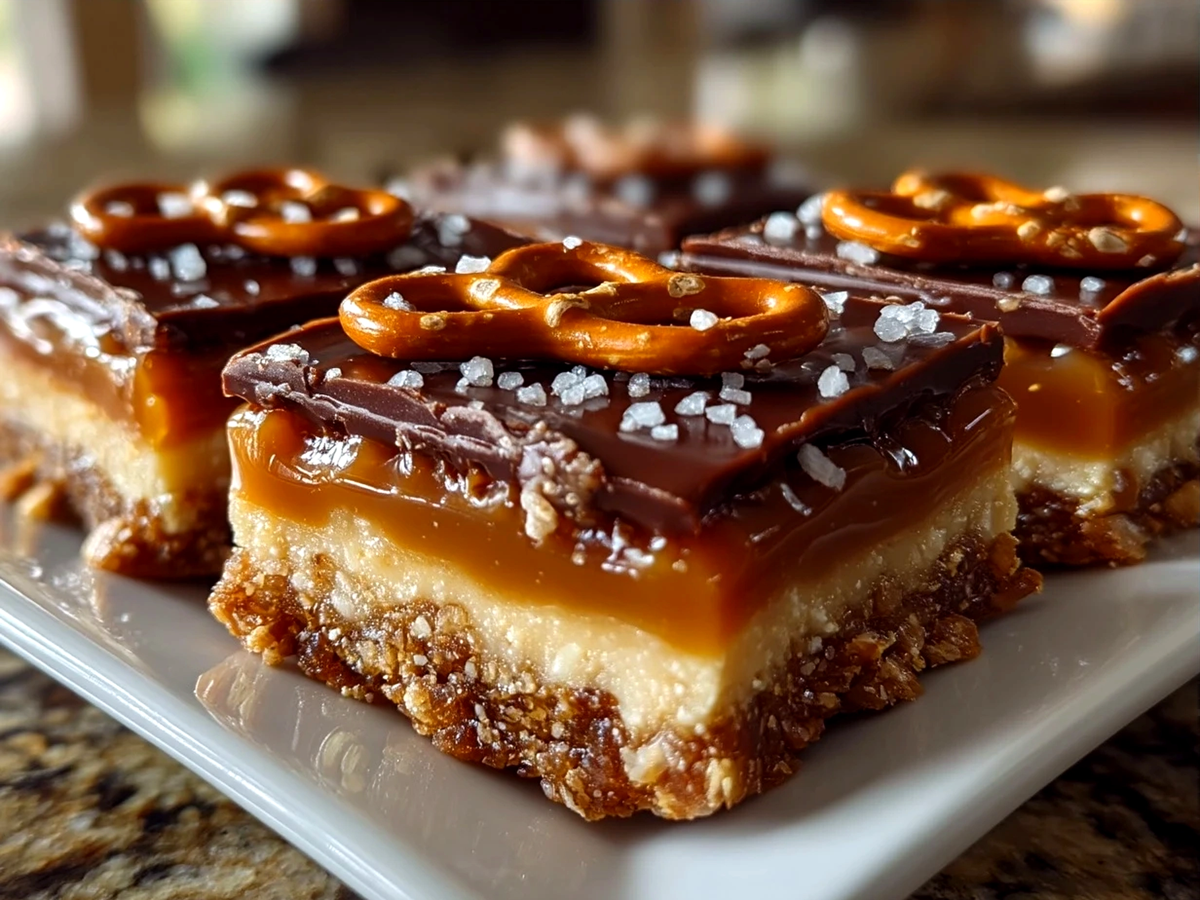 No Bake Salted Caramel Pretzel Bars cut and ready to serve with a glass of milk