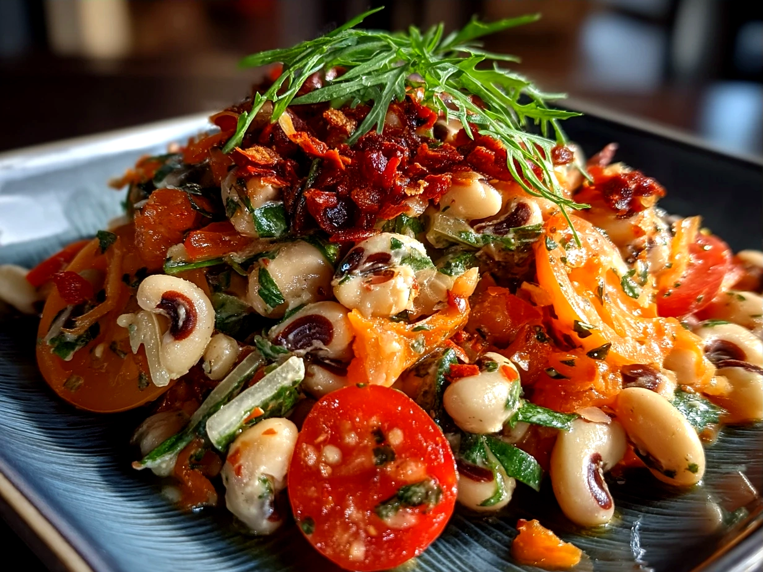 Olive Salad with Black Eyed Peas served with fresh herbs and feta cheese on a plate