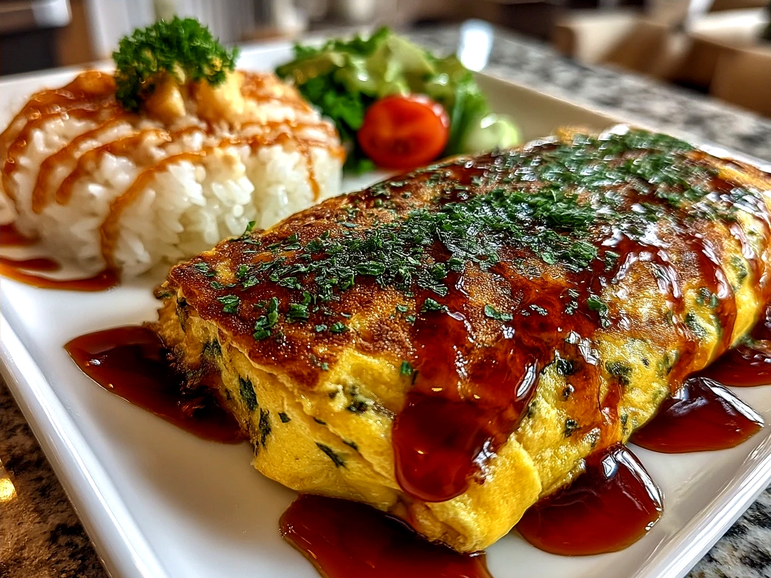Plated Omurice Japanese Rice Omelet served with fresh greens and sliced carrots