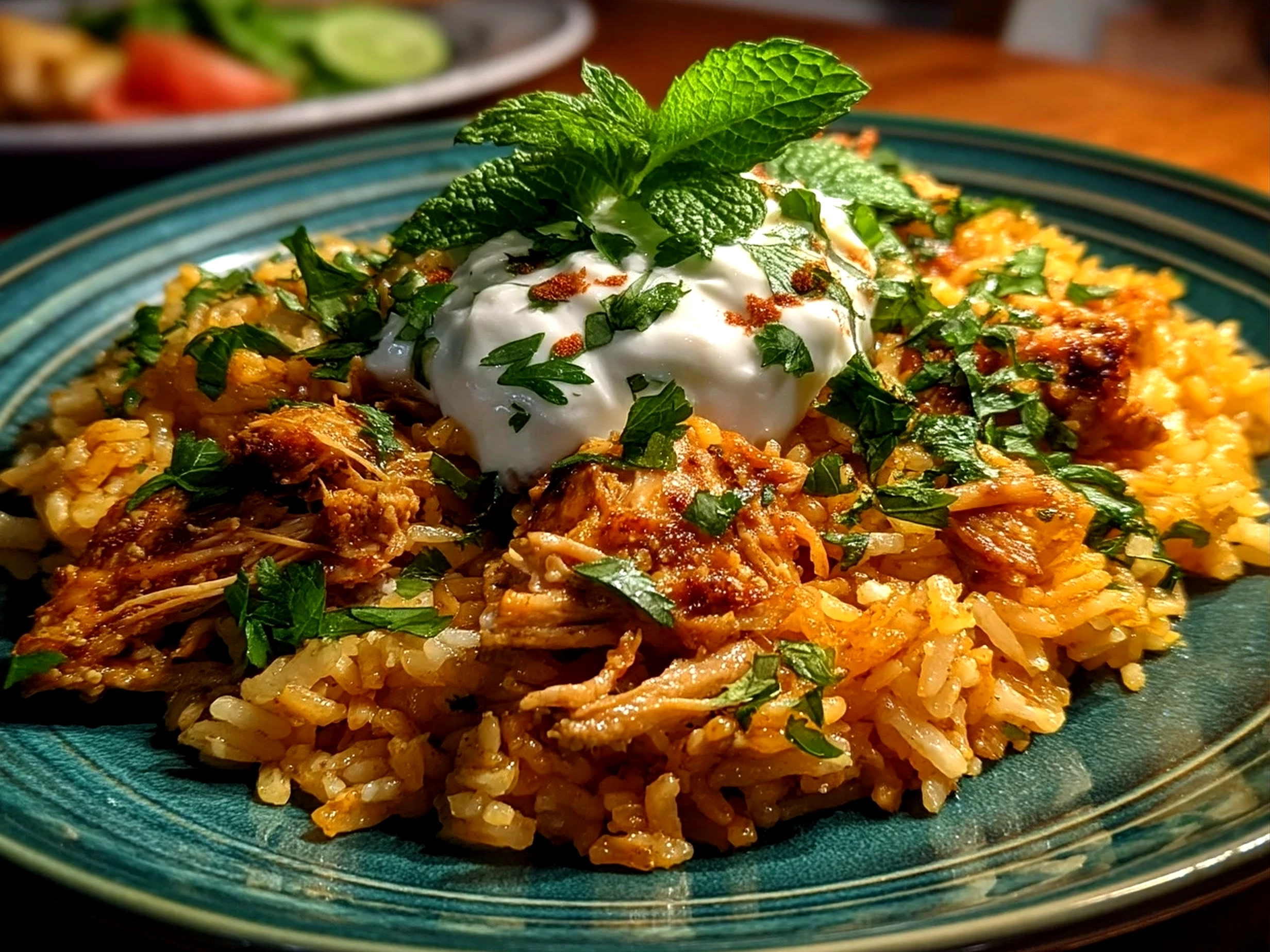 Serving suggestion of One-Pot Chicken Shawarma Rice plated with fresh herbs