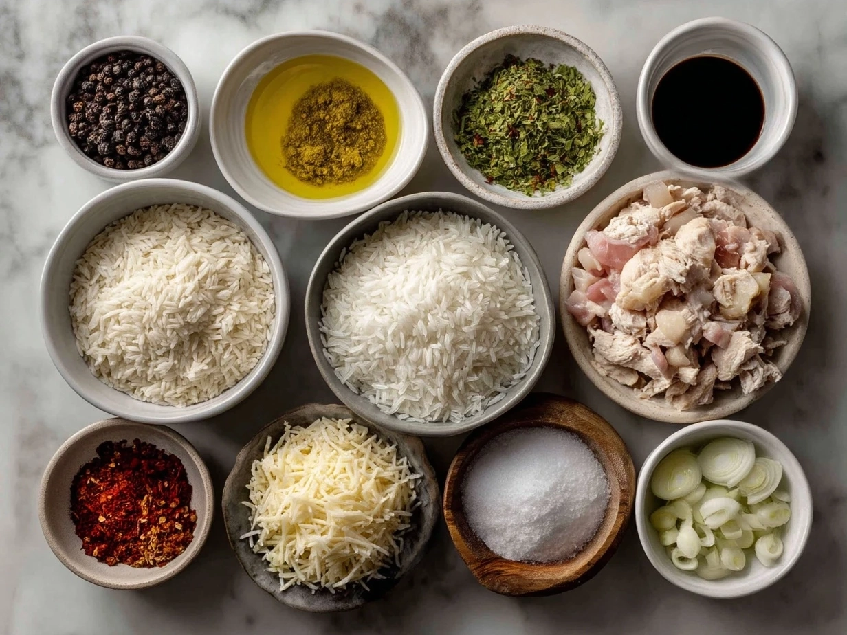 Ingredients for One-Pot Chicken Shawarma Rice laid out on a kitchen counter