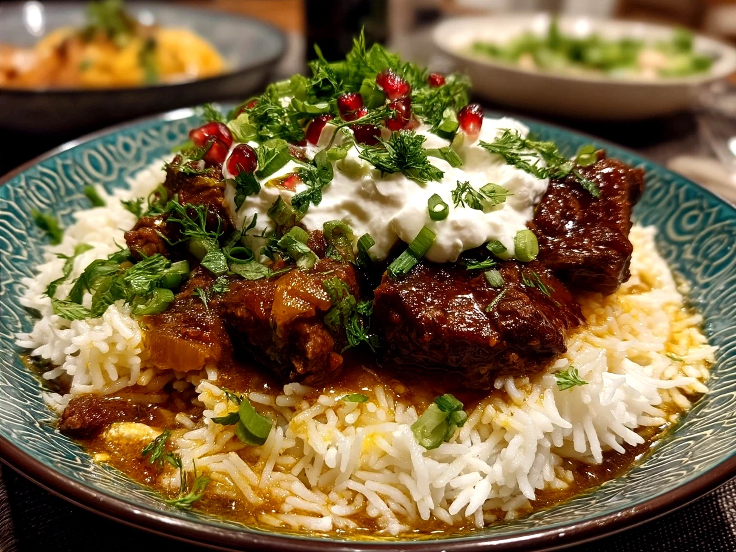 Served One-Pot Lamb Kalya with Yogurt and Cream with rice and naan