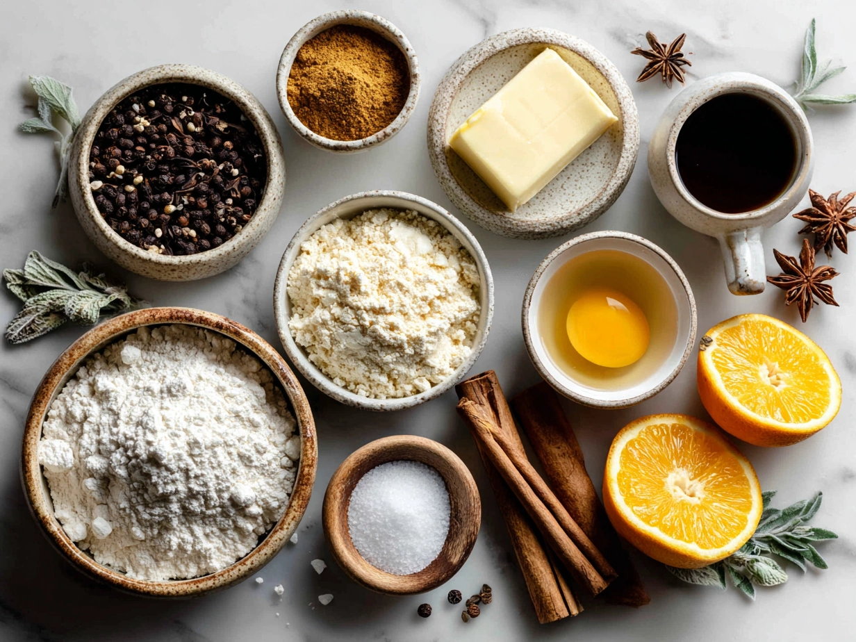 Ingredients for Orange Clove Cookies laid out on a wooden table including flour, sugar, butter, eggs, and orange zest