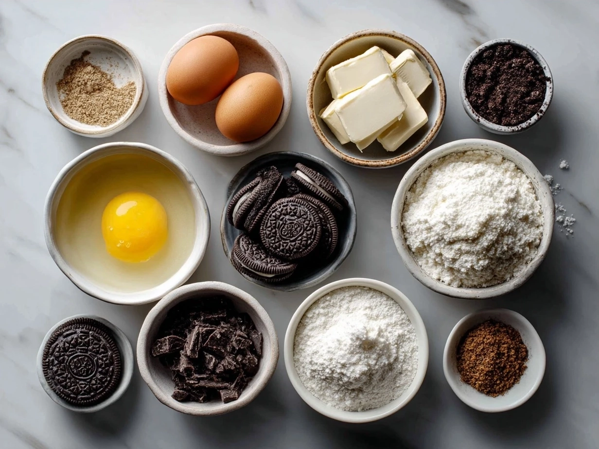 Ingredients for no-bake Oreo Cheesecake laid out on a table including Oreos, cream cheese, powdered sugar, and butter