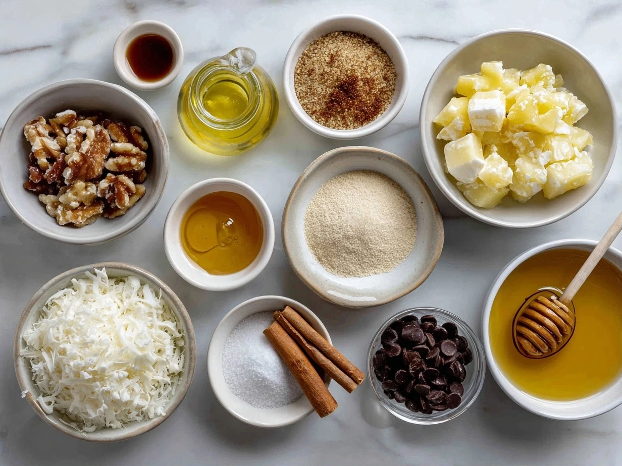 Organized ingredients for Pineapple Cowboy Candy, including canned pineapple, jalapeños, vinegar, sugars, and spices.