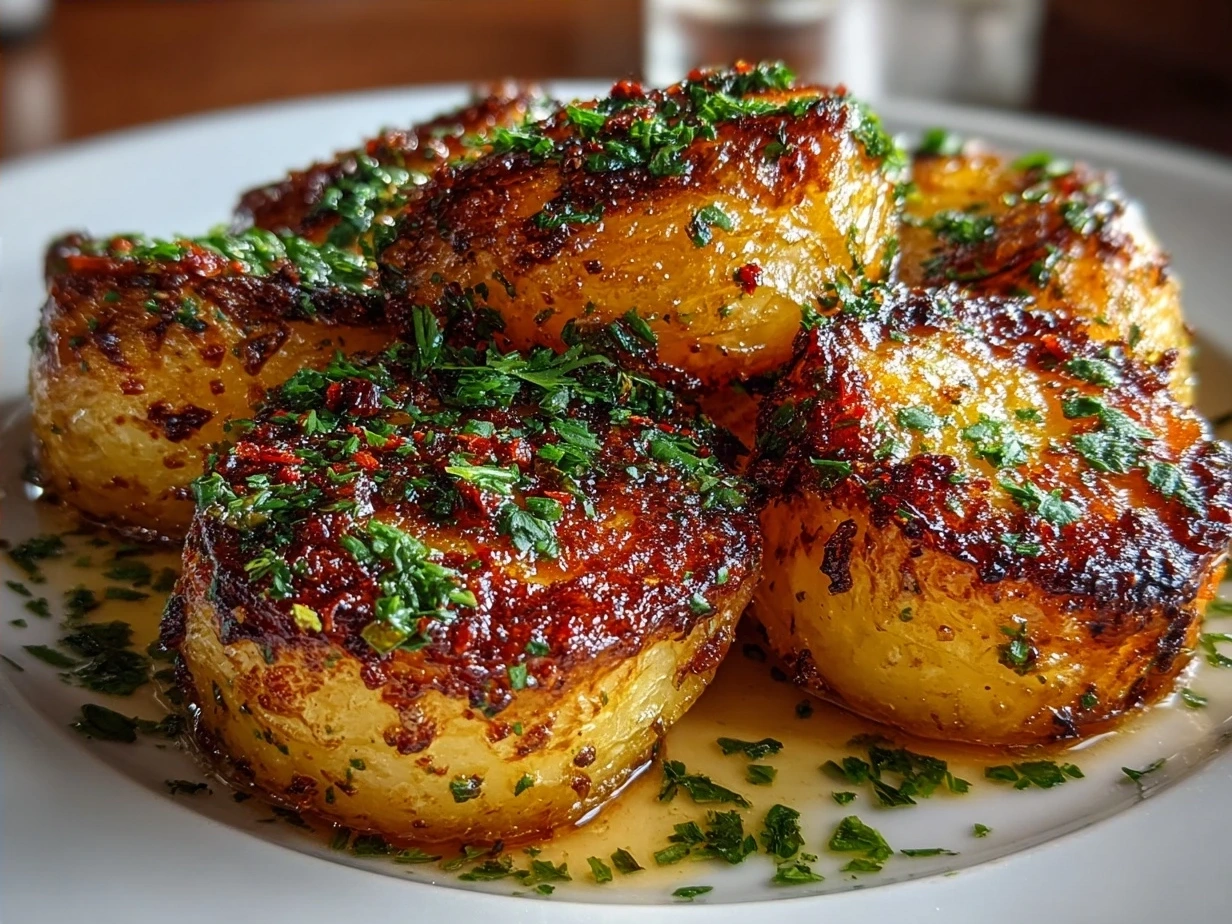 Golden crispy Parmesan Potatoes served on a plate garnished with fresh parsley