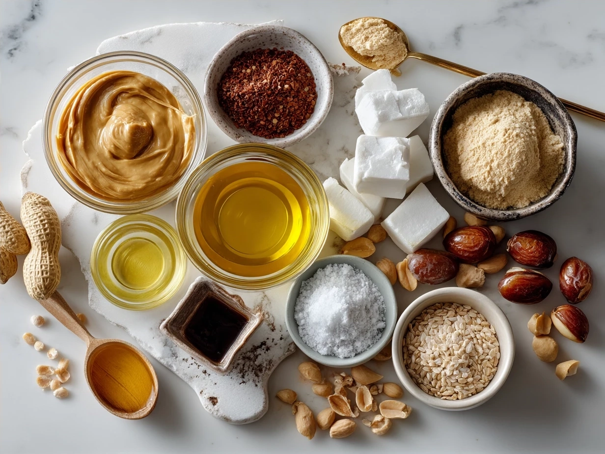 Ingredients needed to make creamy peanut sauce including peanut butter, soy sauce, honey, and spices