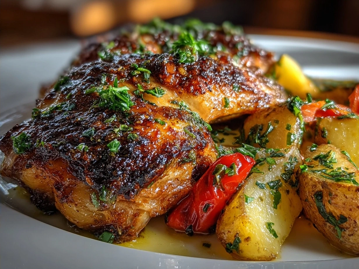 Final plated Peruvian-Style Roast Chicken with green sauce and sides ready to serve