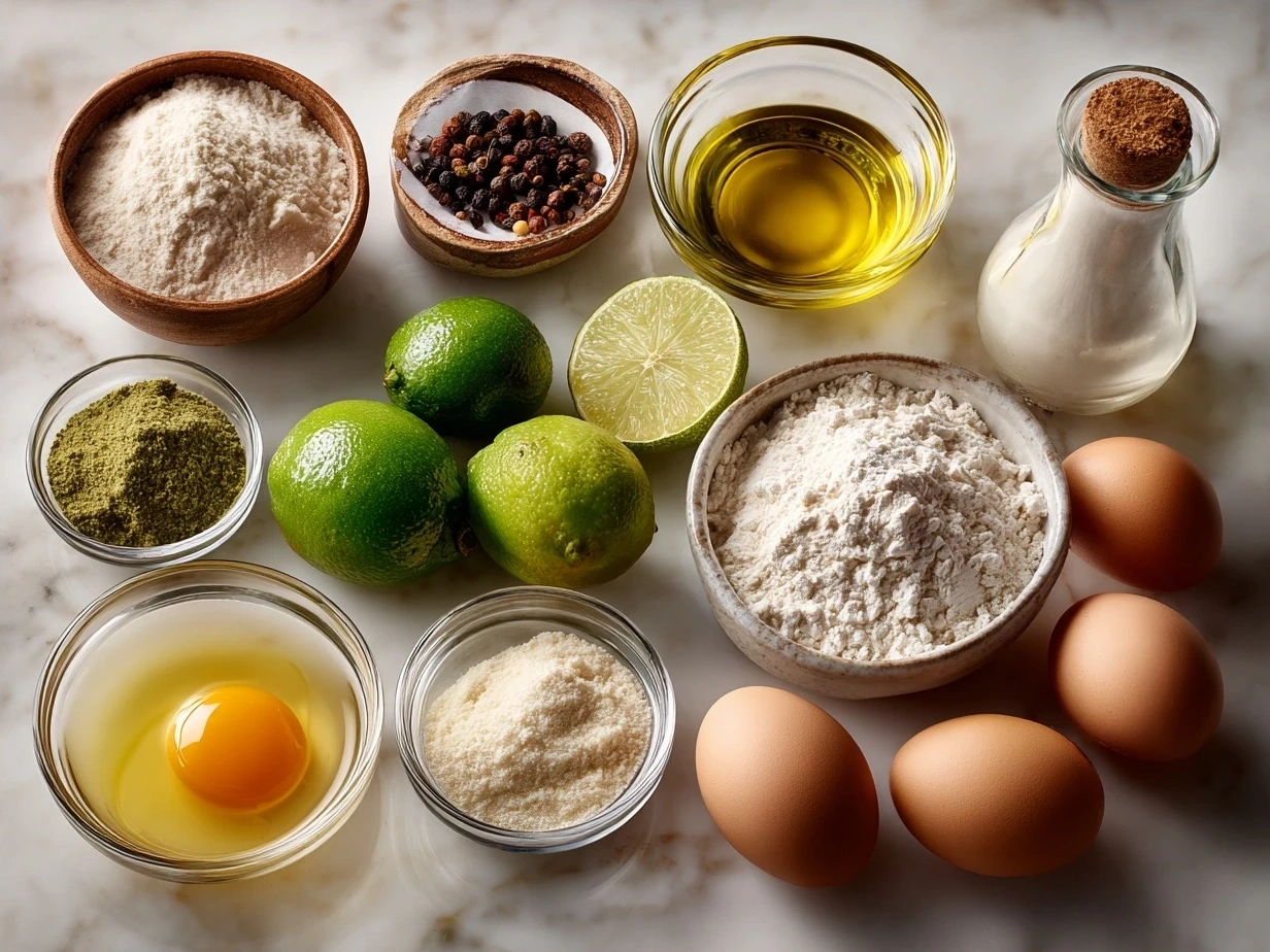 Ingredients laid out for Peruvian-Style Roast Chicken including garlic, paprika, cumin, chicken, and green sauce elements