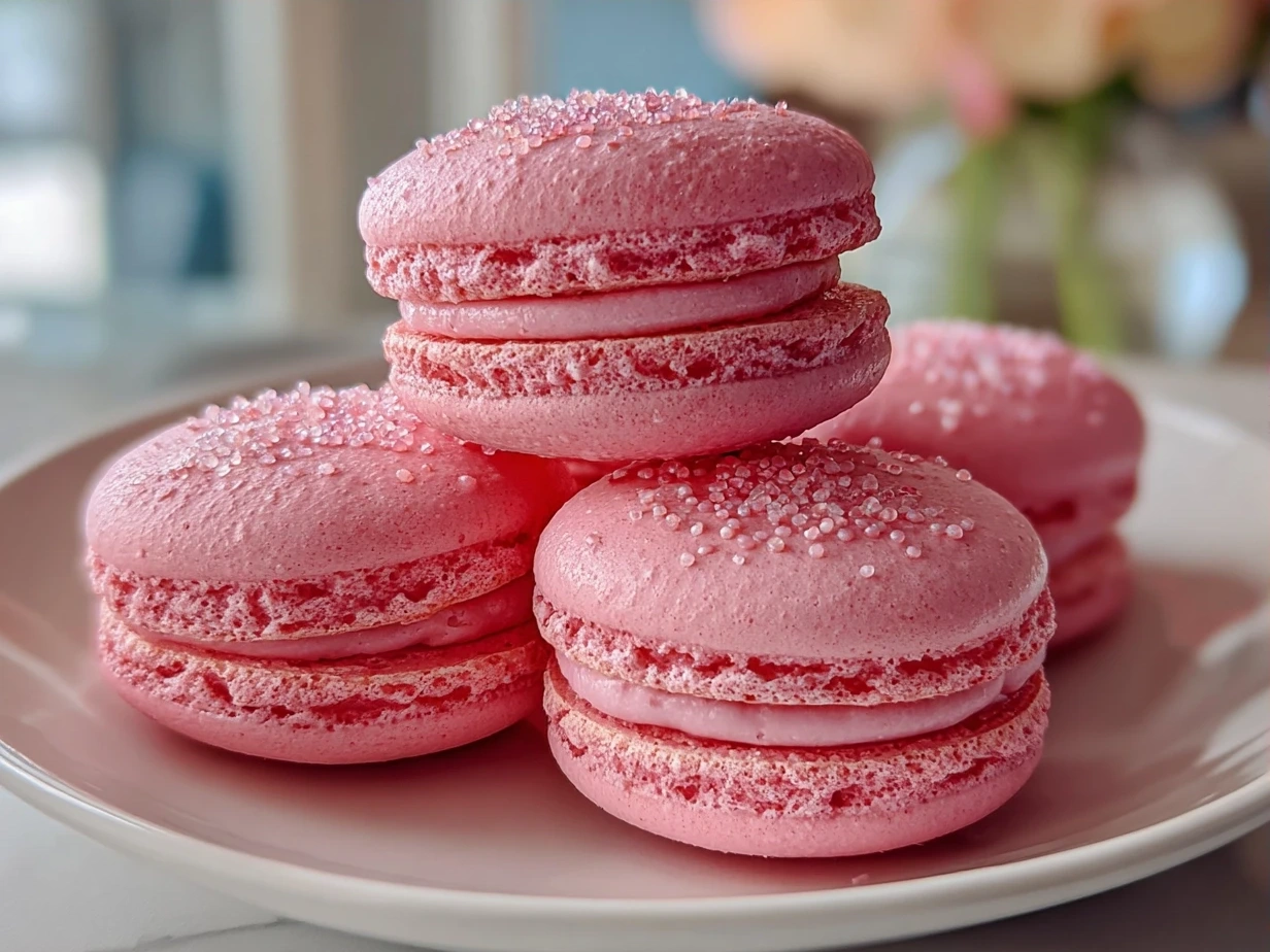 Plated pink macarons served with fresh berries and whipped cream, ready to enjoy