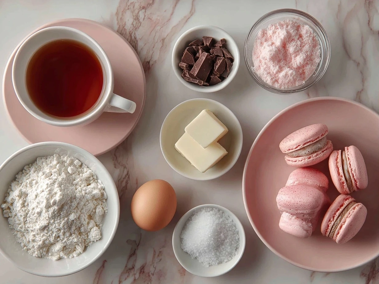 Ingredients for pink macarons including almond flour, powdered sugar, eggs, and raspberry filling