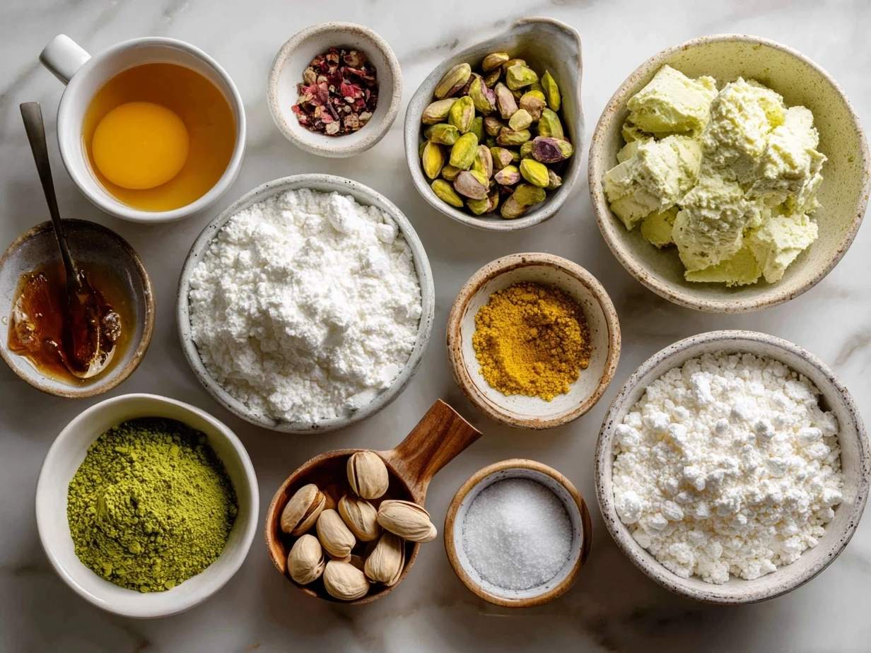 Ingredients for Pistachio Lush Dessert laid out on a table showing pudding mix, cream cheese, pistachios, graham crackers, and other essentials