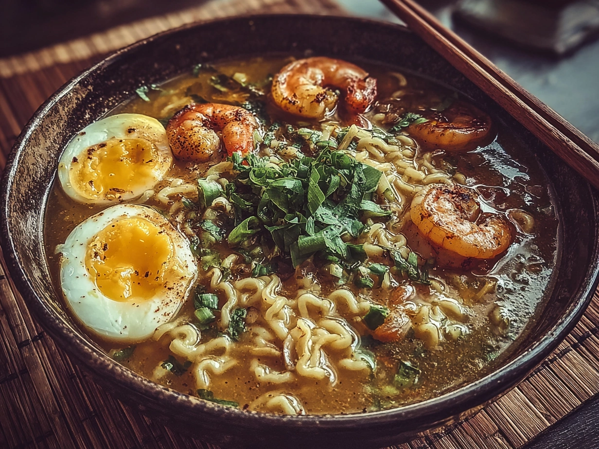 Final bowl of homemade Ramen Noodle Soup with toppings and a soft-boiled egg