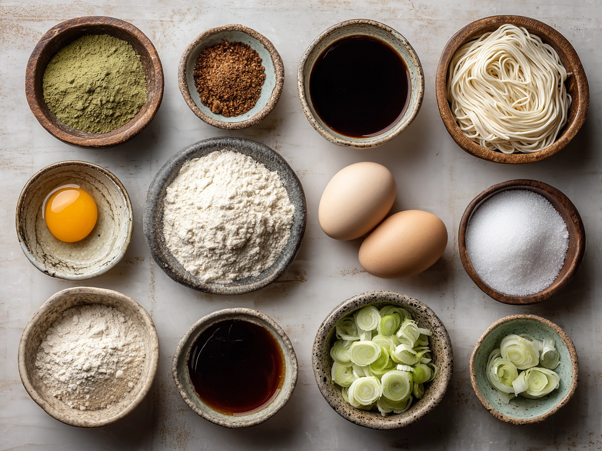 Ingredients for Ramen Noodle Soup including broth, noodles, chicken, garlic, and vegetables