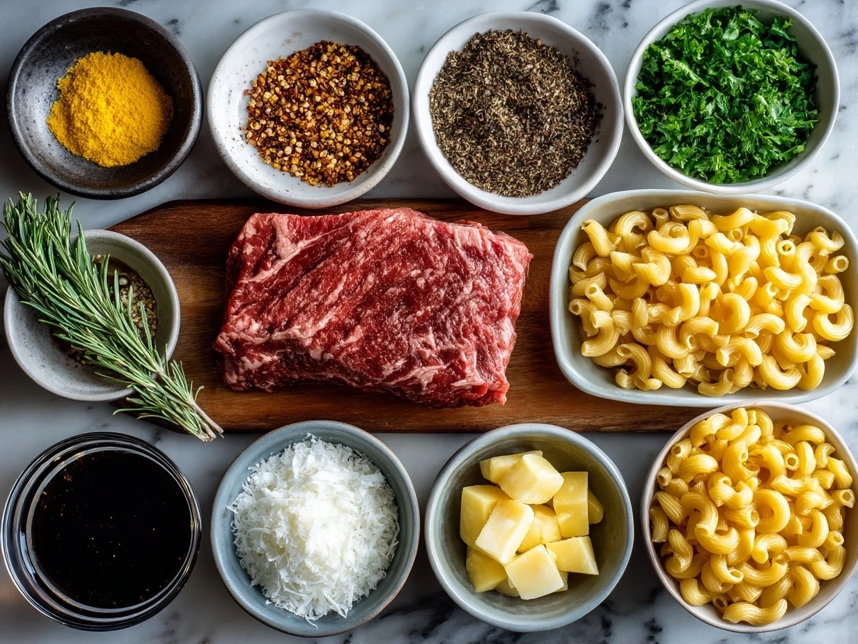 Raw ingredients for beef and macaroni soup on a marble counter