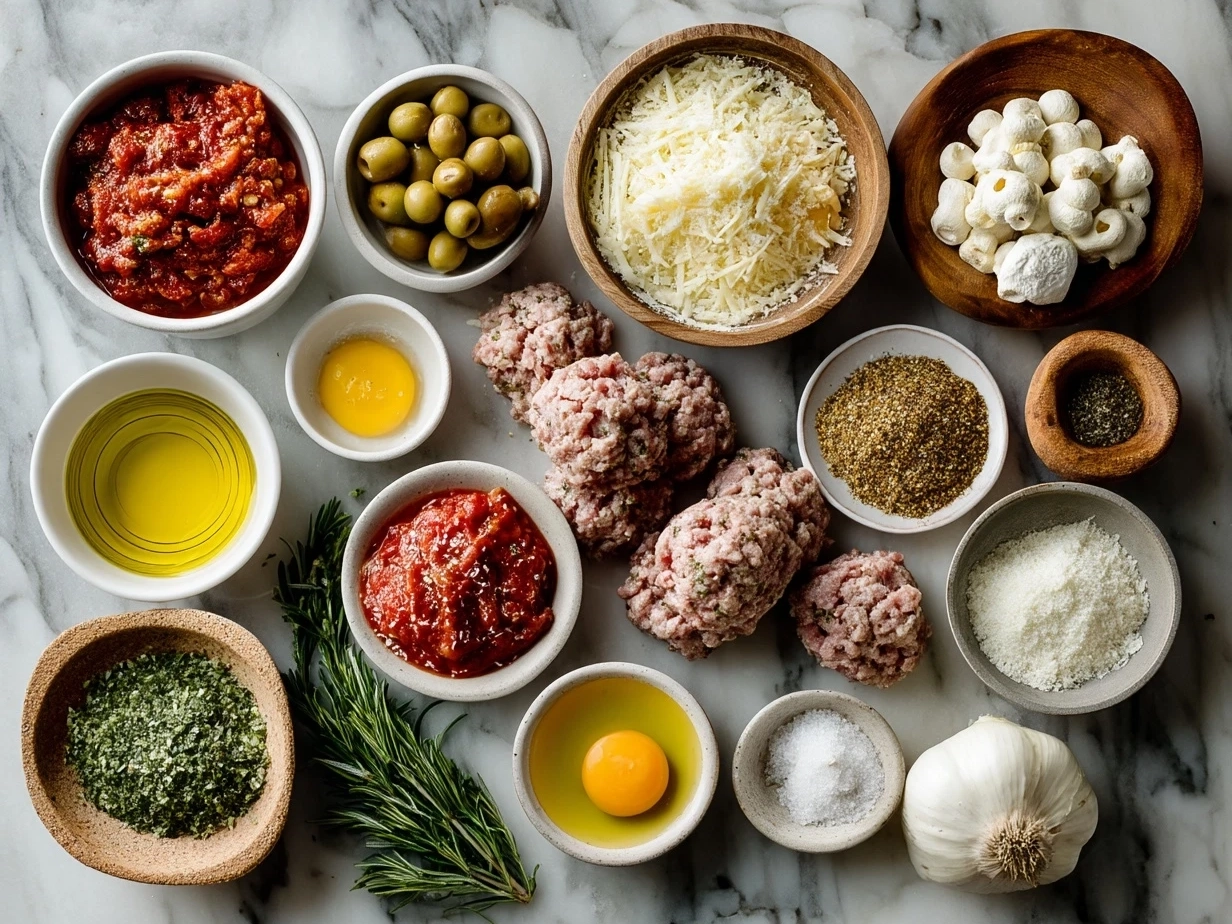 Raw ingredients for Cajun Sausage Pasta including pasta, smoked sausage, and spices