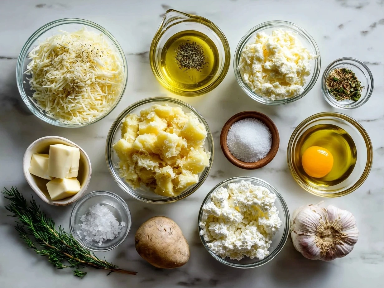 Raw ingredients for Cheesy Au Gratin Potatoes Recipe including Yukon Gold potatoes, heavy cream, milk, seasonings, garlic, butter, cheddar cheese, and Parmesan cheese.
