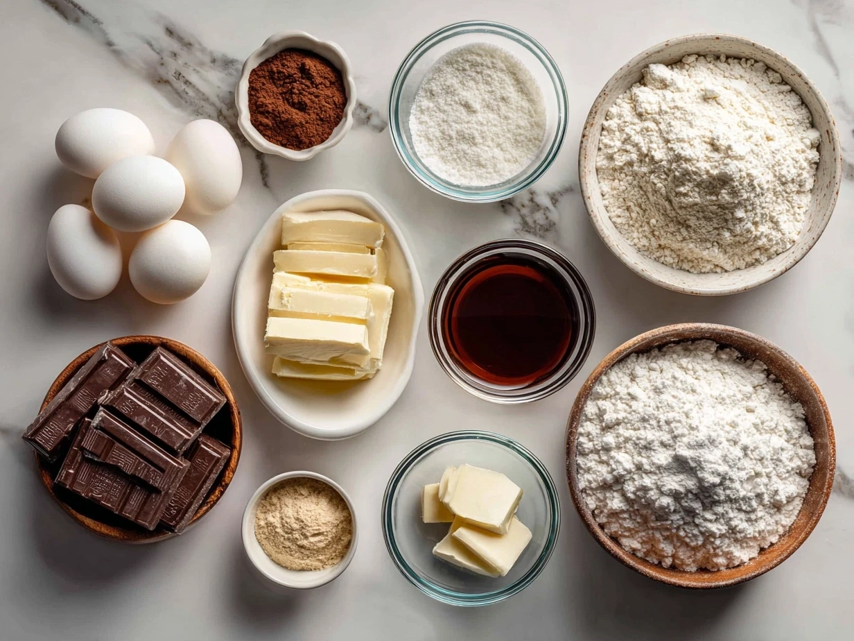 Ingredients for Homemade Chocolate Croissants including flour, sugar, butter, yeast, and chocolate.