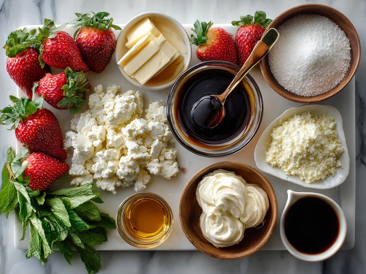 Raw ingredients for Gourmet Mascarpone Strawberry Grilled Cheese with Balsamic Glaze including bread, strawberries, mascarpone, cheese, balsamic glaze, and butter