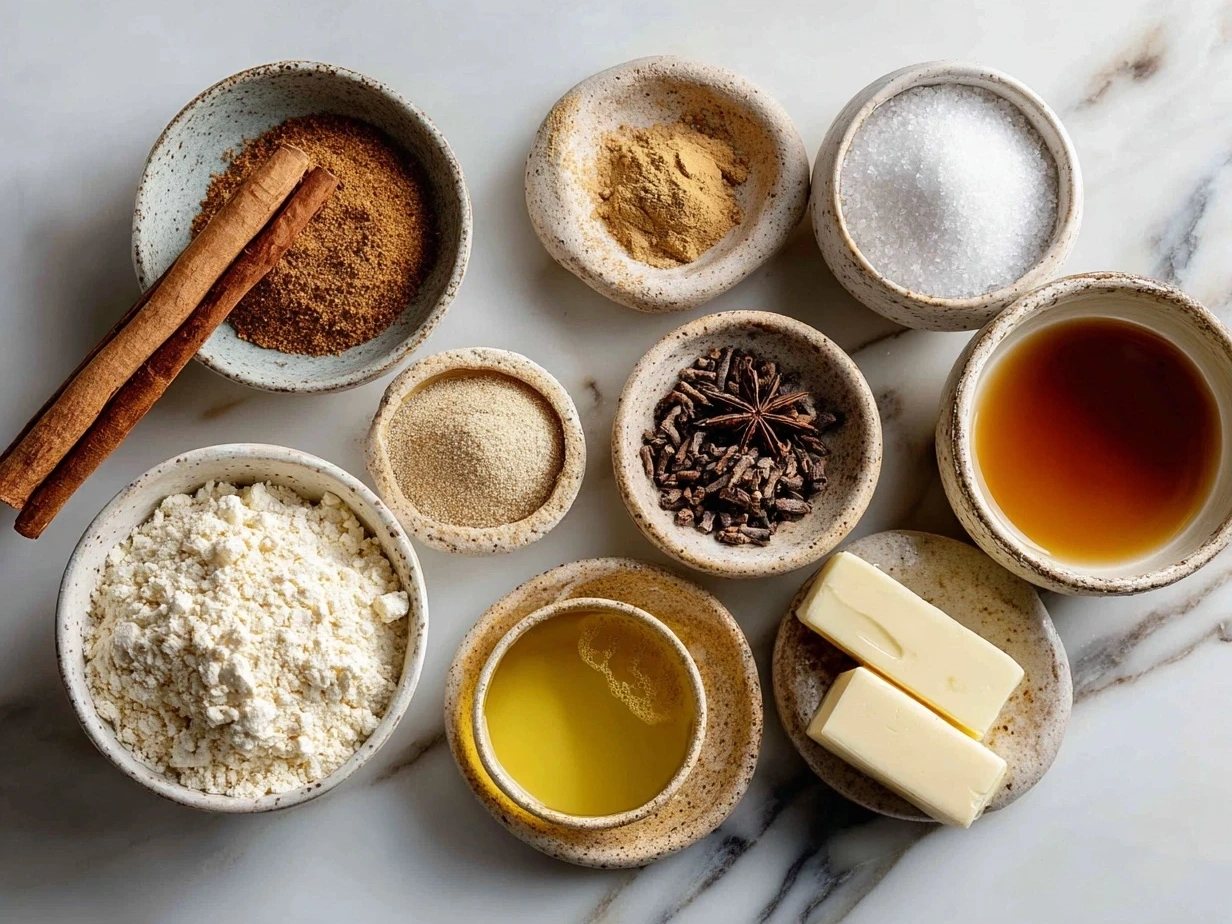 Raw ingredients for Hot Buttered Rum including butter, spices, rum, and apple cider