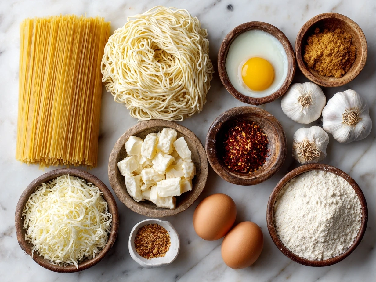 Raw ingredients for Instant Noodles with Egg Butter Garlic including butter, garlic, egg, and instant noodles