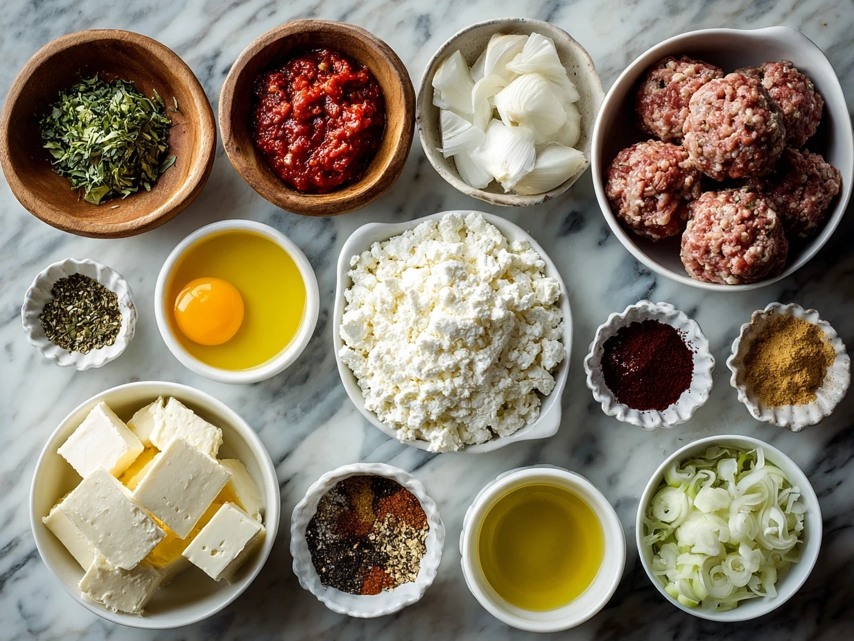Raw ingredients for Rotel cream cheese sausage balls including sausage, cream cheese, shredded cheddar, Rotel tomatoes, and biscuit mix