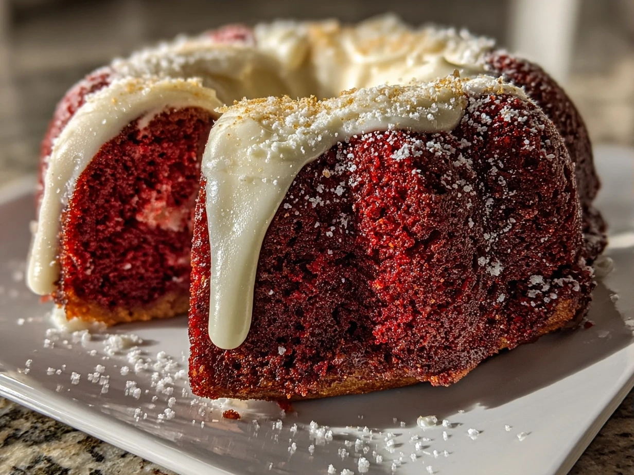 Finished Red Velvet Cream Cheese Bundt Cake displayed beautifully on a cake stand