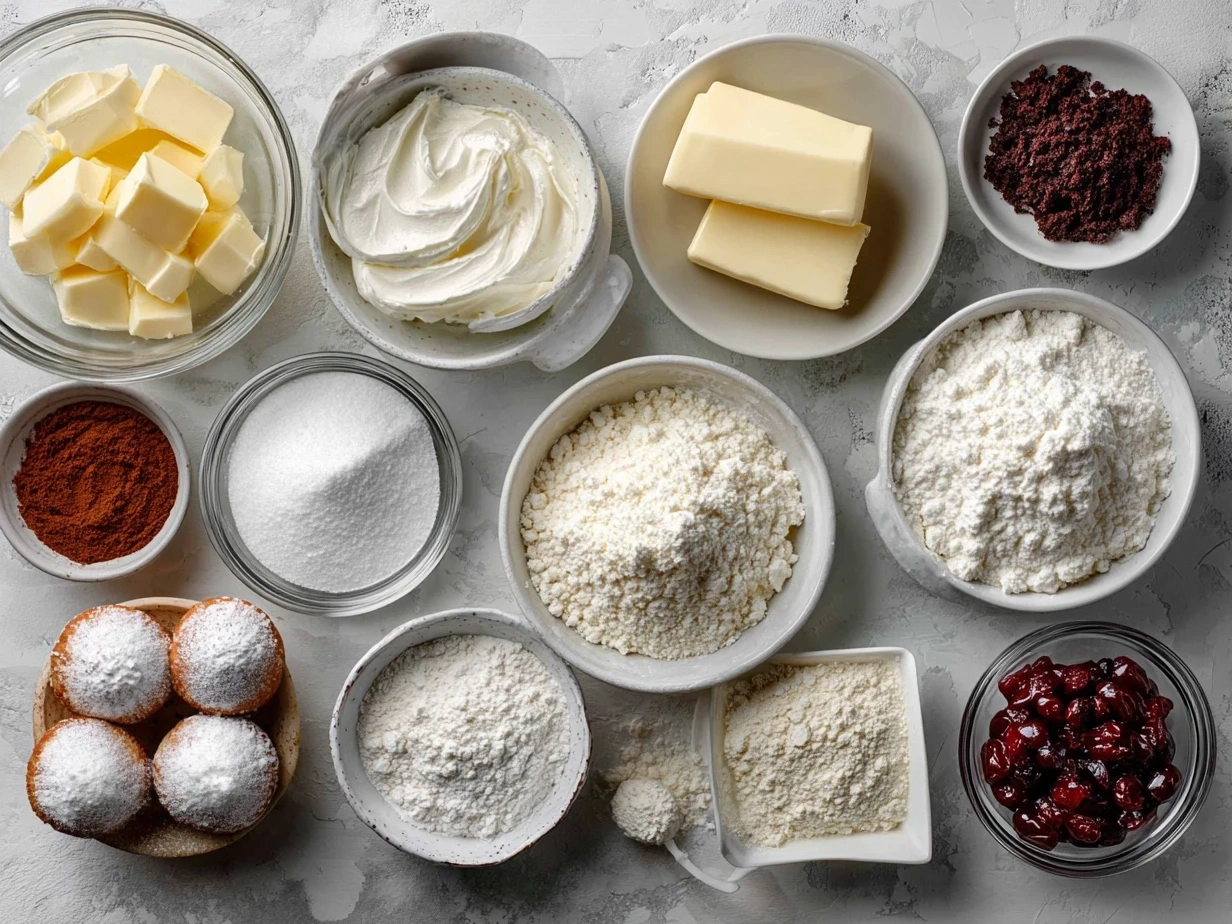 Ingredients for Red Velvet Cream Cheese Bundt Cake including flour, sugar, eggs, cream cheese and cocoa powder